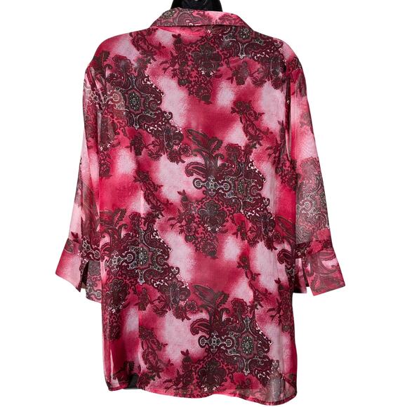 Sheer Top Paisley Red Pink 3/4 Sleeve Button Collar 14 16 W George Retro - Picture 5 of 13